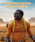 Man wearing Side Shield Safety Glasses Guards for Ray Ban Meta Wayfarer in desert with orange backpack