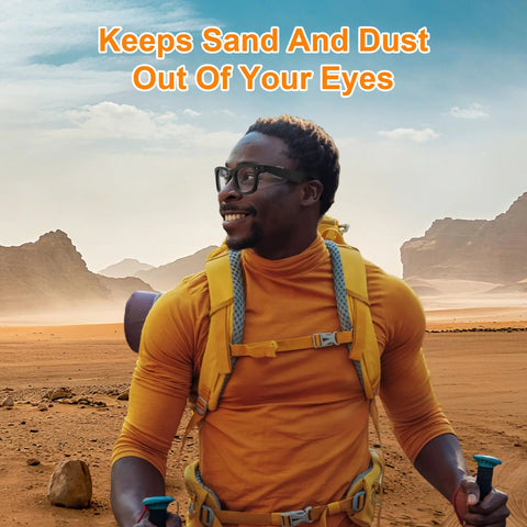 Man wearing Side Shield Safety Glasses Guards for Ray Ban Meta Wayfarer in desert with orange backpack