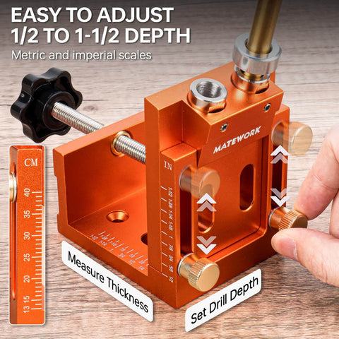 Adjustable Pocket Hole Jig Kit With Stop Collars for Precision Drilling, close-up view of measurement scales and adjustment knobs