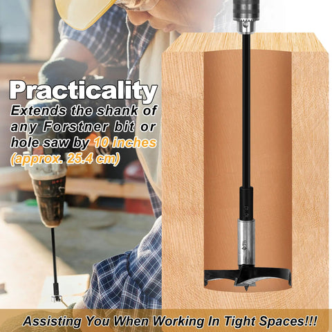 Person using 12 Inch Forstner Drill Bit Extension For Seven Sixteenths Inch Hex Shank, extends drill depth 10 inches, in woodwork.