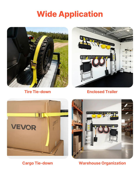 Four setups using Six 5 Foot E Track Rails Kit With Ratchet Straps O Ring Anchors Tie Offs D Ring End Caps And 1500 Lb Gear Securement