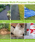 Ultimate Multi-Purpose Staples used in securing landscape fabric, fixing weed mats, anchoring tarps, tree ring stabilization, and more.