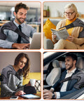 Various people using the Cordless Shoulder Heating Pad With Vibration Massage, showing its portability and comfort for pain relief on the go.