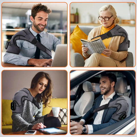 Various people using the Cordless Shoulder Heating Pad With Vibration Massage, showing its portability and comfort for pain relief on the go.