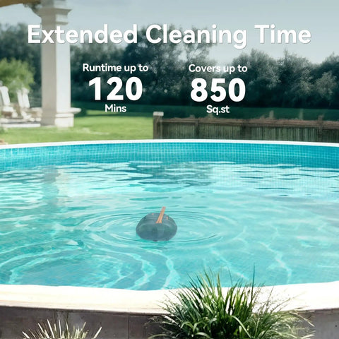 Cordless Pool Vacuum Robot With 120 Minute Runtime Beefy Dual Motor Power Auto Park Two Cleaning Paths in pool demonstrating coverage