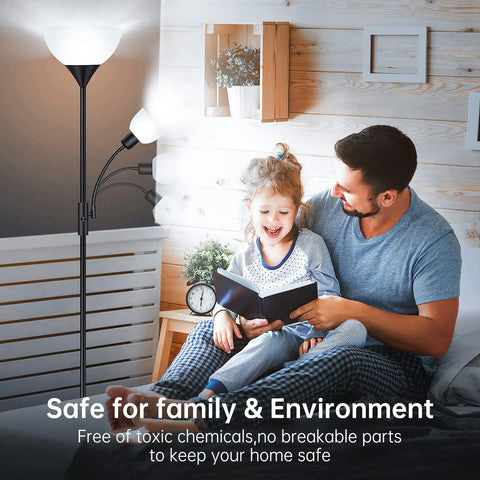 Father and daughter reading under energy saving lamp with 3 Way LED A21 Bulbs 4 Pack With 50 100 150W Equivalents, 5000K Daylight