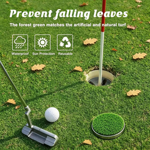 Backyard Golf Putting Green Hole Cup Set With Metal Base Four Piece Practice Kit For Home Golf Training, leaf-covered grass