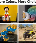 Four 3D printed models using vibrant colors, including a Pinocchio figure, a unicorn, a dinosaur toy, and a remote-controlled car on rugged terrain.