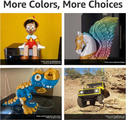 Four 3D printed models using vibrant colors, including a Pinocchio figure, a unicorn, a dinosaur toy, and a remote-controlled car on rugged terrain.