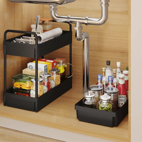 Three Tier Rolling Storage Cart With Adjustable Shelves under sink with kitchen supplies, black finish, space saver.