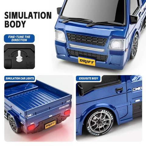 4WD Drift RC Car With 2.4GHz Remote And Dual Battery Setup, features simulation body and drifting tires with LED lights