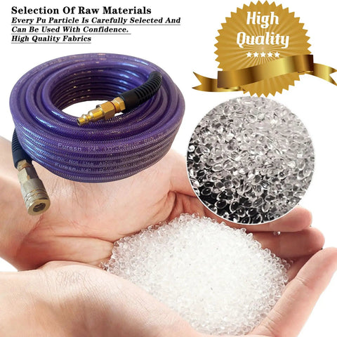 100 Ft 1/4 Inch Purple Air Compressor Hose Crafted From Flex Reinforced Polyurethane for reliable performance, shown with raw material samples.