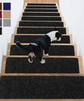 Dog walking on No Slip Carpet Stair Treads For Wooden Steps, 16 Piece 8 By 30 Inch Self Adhesive Stair Runners, Black.