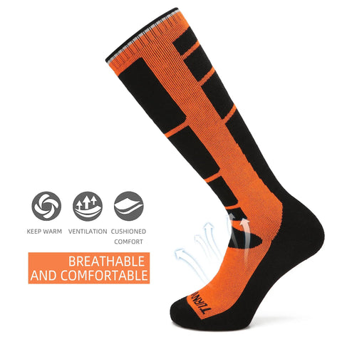 Two Pair Ski Socks 85 Percent Cotton Over The Calf OTC For Skiing Snowboarding And Winter Outdoor Activities For Men And Women Orange Medium showing breathability features