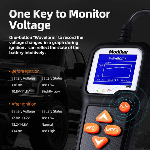 6V 12V Car Battery Tester BT705 With 100-2000 CCA Range And Alternator Tester, Quick Battery Health Check, Cranking And Charging System Diagnostics For Cars, Trucks, And SUVs, Pocket Sized Tool. Device screen showing voltage waveform