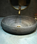 Vintage Ceramic Vessel Sink for Bathroom Vanity, Retro Chinese-Style Above Counter Vanity Sink for Home, Balcony or Hotel Bathroom Decor (Small) with brushed texture.