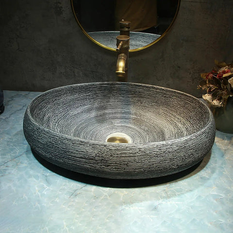 Vintage Ceramic Vessel Sink for Bathroom Vanity, Retro Chinese-Style Above Counter Vanity Sink for Home, Balcony or Hotel Bathroom Decor (Small) with brushed texture.