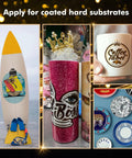Sublimation Paper 8.3x11.7 Inch, 110 Sheets, 105G example on surfboard, mug, tumbler, and plates showing vivid transfers.