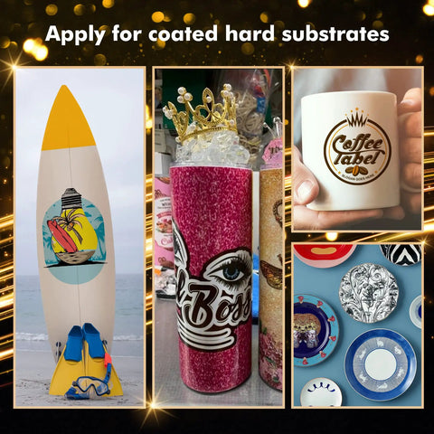 Sublimation Paper 8.3x11.7 Inch, 110 Sheets, 105G example on surfboard, mug, tumbler, and plates showing vivid transfers.