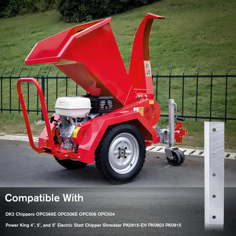 Two Pack 12 Inch Wood Chipper Blades Replacement Bevels For DK2 And Power King Chippers OPC506 OPC506E OPC566E OPC504, shown with a red chipper machine, 34 degree angle, 5-hole mount.