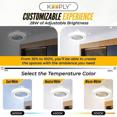 Modern Bladeless Ceiling Fan With Light 20 Inch Smart Enclosed Ceiling Fan with adjustable brightness and color modes shown