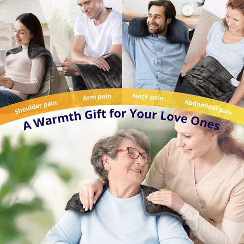 People using a weighted heating pad with vibrating massage for back and shoulder pain relief, showing its versatility on neck and abdomen.