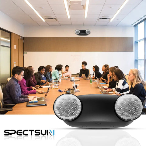 Conference room with Six Pack Round LED Emergency Light With Battery Backup Black Dual Adjustable Heads on wall