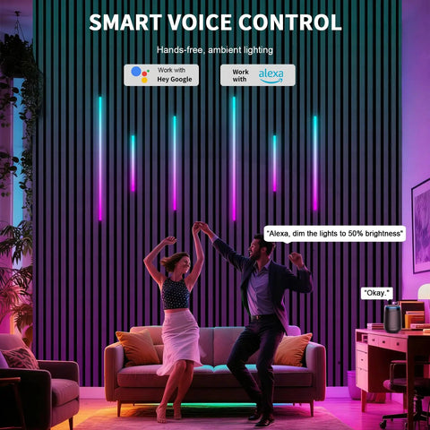 Couple dancing under 12PCS RGB+IC Led Recessed Lighting Kit Wall Panel Lights (22″+35″+54″) in modern living room.