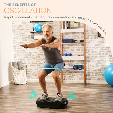Man squatting on Waver Mini Vibration Plate For Full Body Toning And Lymphatic Drainage With Remote And Bands, home gym setup
