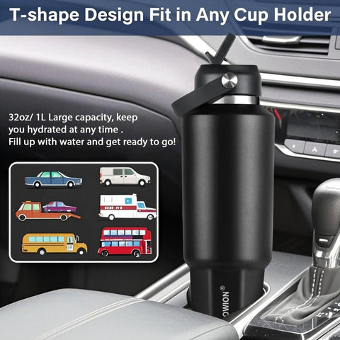 Stainless Steel Forty Oz Insulated Water Bottle Triple Wall Copper Core Keeps Cool Drinks Frosty Solid All Day With Tight Seal Straw Lid in car cup holder.