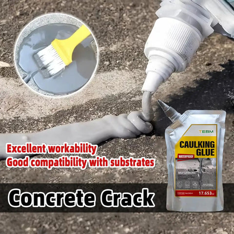 Slick Repair Self Leveling Concrete Crack Filler And Cement Patch Mix for Driveways Patios applied with a brush filling cracks.