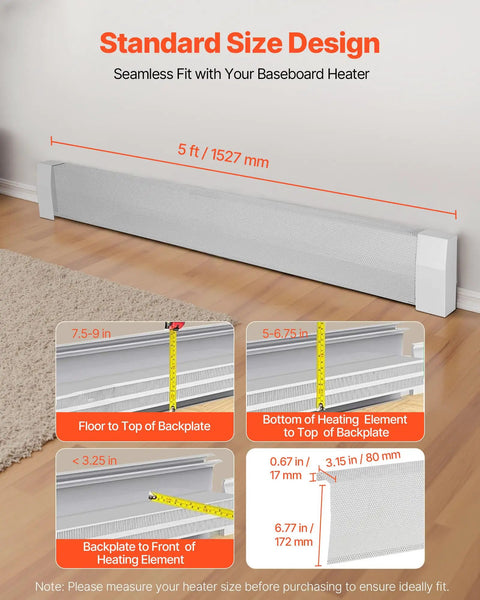 Image showing 5 Ft Baseboard Heater Cover, heavy duty steel front panel for electric heating unit, with measurements and white finish.