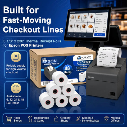 Three Eighths Inch By 230 Feet Thermal Receipt Paper Rolls BPA Free For High Speed POS Printing, Compatible With TM-T88 TM-T70 TM-T80 TM-T85 TM-H6000 T90 Series Printers And Credit Card Machines, Pack Of 48 with POS setup