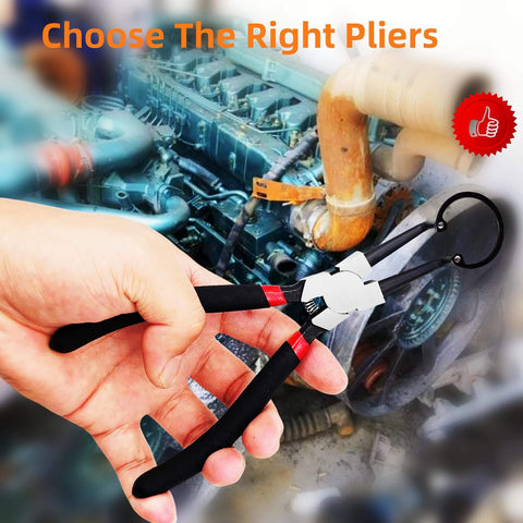 Hand holding 4 Piece Snap Ring Pliers Set For Automotive Use Internal And External Circlip Pliers Kit With Straight And 90 Degree