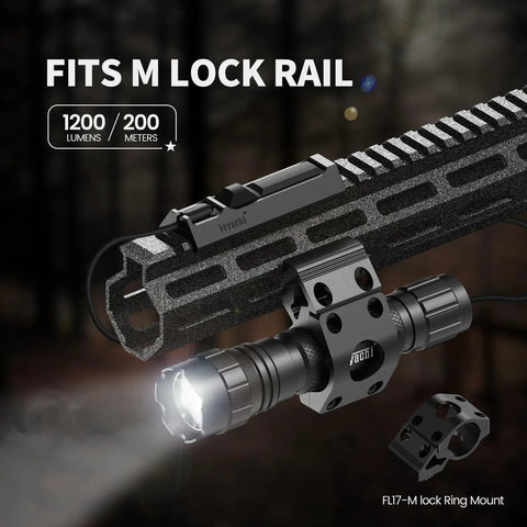 1200 Lumen Tactical Flashlight With M Lock Mount attached to rail, showcasing aluminum body and dual switch for outdoor use.
