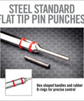 Steel flat tip pin punches with hex-shaped handles and rubber O-rings from All In One Hammer And Punch Tool Kit With Interchangeable Heads
