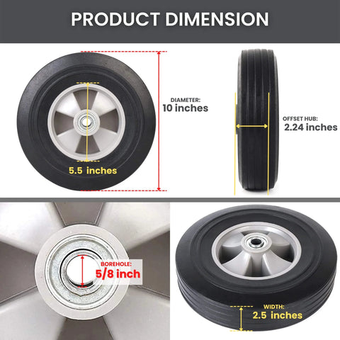 Two Pack Flat Free Ten Inch Solid Rubber Tires And Wheel Set For Hand Trucks Dollies And Wheelbarrows Five Eighths Inch Axles