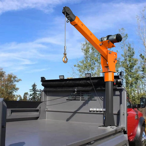Heavy Duty Electric Truck Winch With 3500 Lbf Boom, 12V Steel Jib Hoist, And 360 Degree Swivel for lifting tasks on truck.