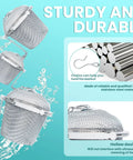 Four Slick Ultrasonic Cleaner Racks With Fine Mesh Weave Perfect For Scrubbing Tiny Gears Watch Parts Hardware And Precision Tools Knockout Setup in stainless steel, showcasing sizes and chain features.