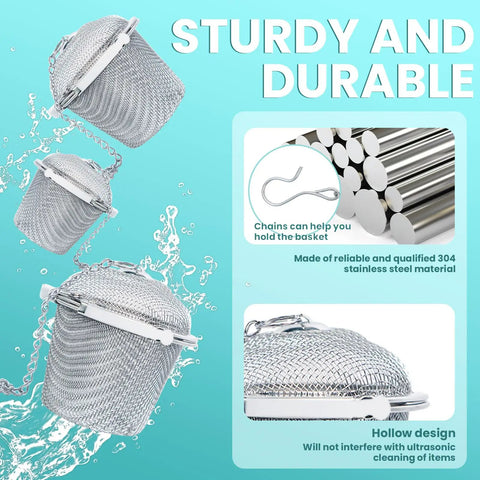 Four Slick Ultrasonic Cleaner Racks With Fine Mesh Weave Perfect For Scrubbing Tiny Gears Watch Parts Hardware And Precision Tools Knockout Setup in stainless steel, showcasing sizes and chain features.