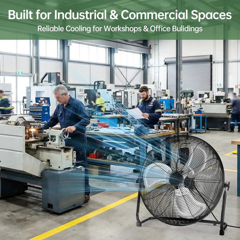 Beastly 20 Inch Industrial High Velocity Floor Fan with three speeds in a workshop, showing airflow and metal build for commercial use