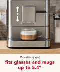Sleek And Straight Up Fully Automatic Espresso Machine With Removable Bean Hopper One Touch Frothing System Forty Plus Barista Grade Cups Smooth Stainless Steel Housing For Daily Use with movable spout for mugs up to 5.4 inches.