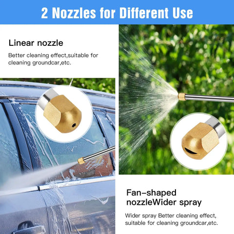 Image of Jet Nozzle Power Washer Wand With 2 High Pressure Nozzles And Quick Connectors For Garden Hose showing spray patterns.