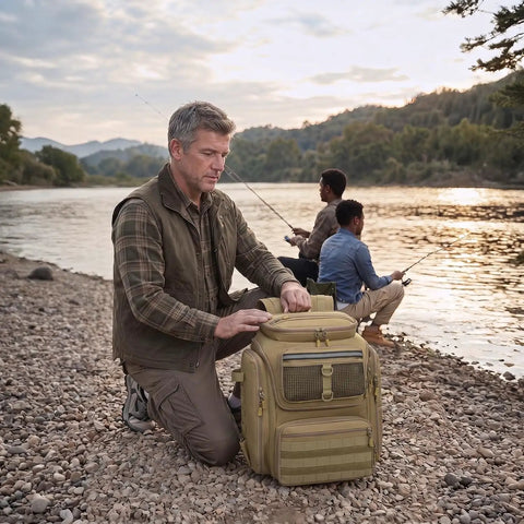 Man with Fishing Backpack 45L with Rod Holders, Water Resistant Tackle Storage Pack, at riverbank with fishermen