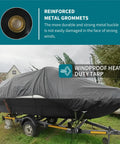 Heavy Duty Tarp 6x8 Foot Waterproof Tarpaulin With Grommets, 20mil Thick Rip Proof Cover on a boat with reinforced metal grommets