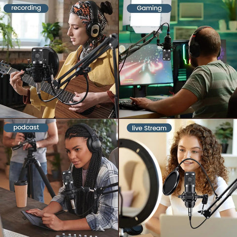 Two-Mic Podcast Studio Bundle With Dual BM800 Cardioid Condenser Mics, Pop Filters, and Desk Arm Stands in various setups