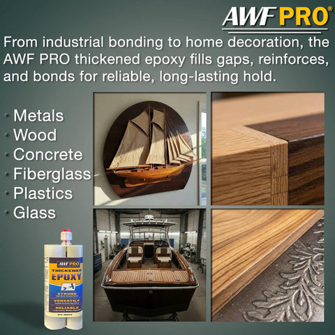 Heavy Duty Thickened Non Sag Wood Repair Epoxy Adhesive For Rot Repair Structural Bonding Filling And Sealing Wood Fiberglass And Concrete Marine Grade Gel Formula 450mL Pack with examples of applications on wood, fiberglass, and metal.