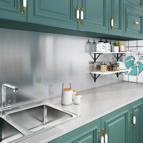 Brushed Nickel Peel And Stick Stainless Steel Contact Paper for appliances and cabinets installed in kitchen with shelves