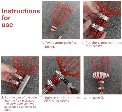Instructions for using 8 Foot Adjustable Fruit Picker Pole With Lightweight Stainless Steel Build, Twist On Basket, Foam Pad