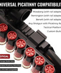 Six-Shell 12 Gauge Picatinny Side Saddle Shell Holder with fast access reloads mounted on a shotgun rail.